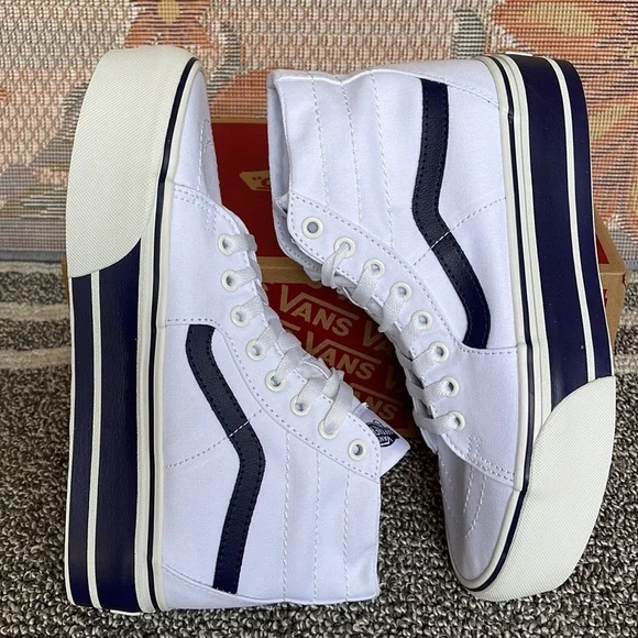 Vans Men’s Sk8-Hi Tapered
Sport Stripes Navy/True White 
VN0A5JMKNWD
Platforms - Picture 13 of 16